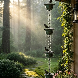 May include: A vertical rain chain featuring a series of connected metal cups with a weathered green patina finish. Each cup is adorned with a small metal bird figure perched on the rim, while water cascades down the chain during a rain shower.