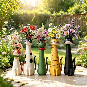May include: Five cat-shaped vases in a row, each holding a bouquet of colorful flowers. The vases include a small white cat with orange ears, a tall white cat with black spots, a green cat, a yellow tabby cat, and a solid black cat.