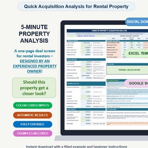May include: A digital property acquisition analysis template for rental investors. The document features a 5-minute property analysis table with sections for property purchase, rent, financing, and cash flow, including color-coded inputs and results.