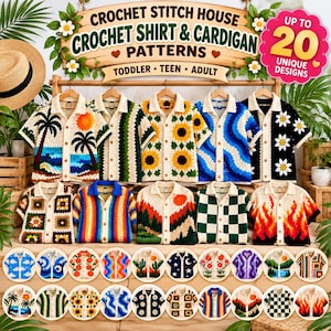 May include: A collection of crochet shirt and cardigan patterns featuring up to 20 unique designs for toddlers, teens, and adults. The display shows various short-sleeved button-down shirts with colorful motifs including palm trees, sunflowers, flames, and geometric patterns.