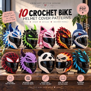 May include: A collection of 10 crochet bike helmet cover patterns featuring various designs including a blue dragon, green monster, pink cat, red flame, shark, spider web, purple demon, panda, skull, and blue spiky creature with black visors.