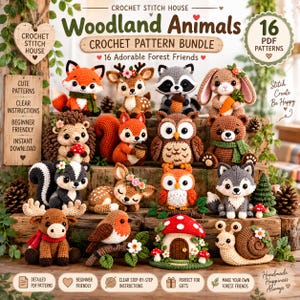 May include: A collection of 16 crocheted woodland animal figures including a fox, deer, raccoon, rabbit, hedgehog, squirrel, owl, bear, skunk, fawn, bird, mushroom house, and snail, displayed on wooden logs with text labels for a PDF pattern bundle.