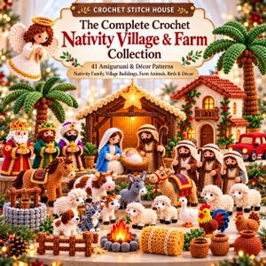 Pode incluir: Uma capa de livro de padrões de crochê intitulada The Complete Crochet Nativity Village & Farm Collection com 41 designs amigurumi, incluindo uma família de presépio, um estábulo, uma casa, palmeiras, um caminhão vermelho e animais.