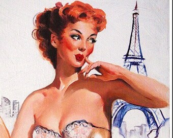 Paris Daydream - City of Love~ -Framed Retro Redhead  Pinup Original Oil Painting