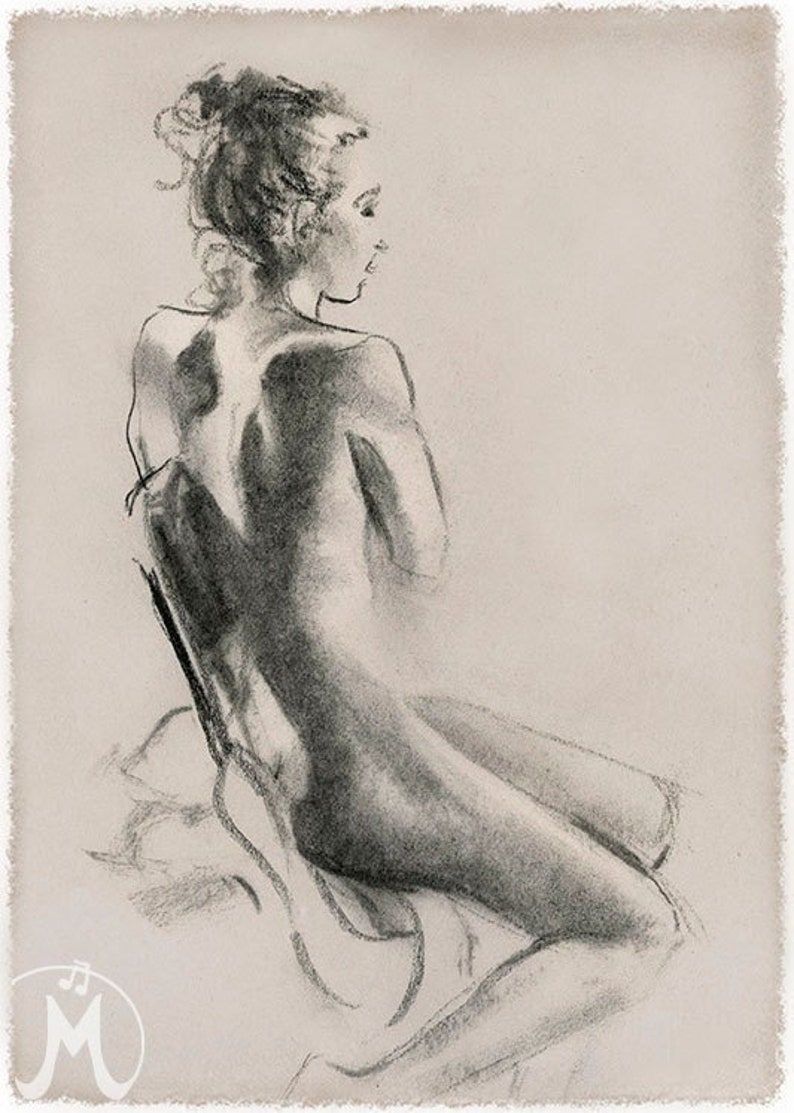 May include: A black and white charcoal drawing of a person sitting on a chair. The person is facing away from the viewer and has their hair pulled back in a bun.