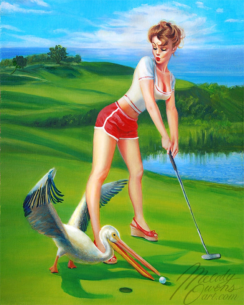 Cute Retro Girl Golfing tee Time Pinup Painting Etsy