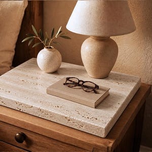 Op de afbeelding: Een houten nachtkastje met een dik, rechthoekig blad van travertijnsteen. Op het oppervlak staan een beige keramische tafellamp, een kleine ronde vaas met groene olijftakken, een gesloten beige boek en een bril met een donker schildpadmotief.