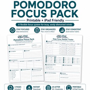 Puede incluir: Un planificador digital Pomodoro Focus Pack con dos páginas blancas, texto e iconos en azul verdoso oscuro. Incluye secciones para seguimiento de tareas, niveles de energía, registros de sesiones y reflexión, para imprimir o iPad.