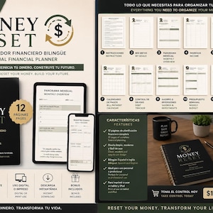 Puede incluir: Un planificador financiero bilingüe titulado Money Reset, con una cubierta negra de espiral con texto dorado y un logotipo de signo de dólar. El conjunto incluye páginas digitales e imprimibles para resúmenes mensuales, ingresos y gastos.