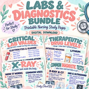 May include: A digital nursing study bundle featuring colourful, hand-lettered headings like Labs & Diagnostics Bundle, Critical Lab Values, Therapeutic Drug Levels, X-Ray, and Common Diagnostic Tests, accompanied by medical illustrations and text.