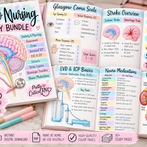 May include: A Neuro Nursing Study Bundle digital download featuring colorful anatomical illustrations of the brain and kidneys, charts for the Glasgow Coma Scale, stroke overview, BE FAST acronym, EVD and ICP basics, and neuro medications.
