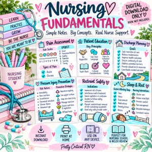 May include: A digital nursing study guide titled Nursing Fundamentals featuring colourful charts on pain assessment, patient education, discharge planning, pressure injury prevention, restraint safety, and sleep rest with icons and text for nursing students.