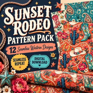 Könnte beinhalten: Ein digitales Musterpaket mit dem Titel Sunset Rodeo Pattern Pack mit 12 nahtlosen Western-Designs. Die Grafiken zeigen Cowboystiefel, Kakteen, Hufeisen und Blumen in leuchtenden Orange-, Türkis- und Rosatönen auf verschiedenen Hintergründen.