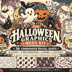 May include: A digital graphic kit titled The Halloween Graphics Mega Kit featuring illustrations of a ghost, pumpkin, black cat, bat, and moon. The kit includes 36 assets, 18 clipart, 8 compositions, 6 frames, and 4 patterns with text labels.