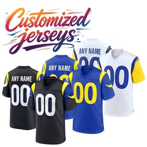 Pode incluir: Uma coleção de camisas esportivas nas cores preta, azul e branca, cada uma com o texto ANY NAME e o número 00. As camisas possuem mangas curtas com detalhes amarelos e golas em V. O texto Customized jerseys é visível.
