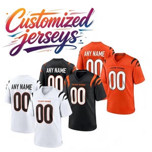 May include: A collection of four sports jerseys in white, black, and orange, featuring V-neck collars and short sleeves. Each jersey displays the text "ANY NAME" or "TEAM NAME" with the number "00" on the front and back. The text "Customized jerseys" appears above.