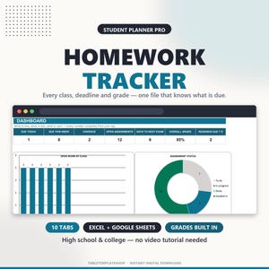 Peut inclure: Un tableau de bord numérique de suivi des devoirs Student Planner Pro pour Excel et Google Sheets. L'interface affiche un tableau récapitulatif avec les dates d'échéance, les notes et le statut des devoirs, incluant un graphique à barres.