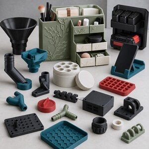 May include: A collection of 3D printed objects including a sage green desk organizer with floral relief, a black funnel, a teal phone stand, various black and teal mechanical brackets, a red grid tray, and a white circular container with a lid.