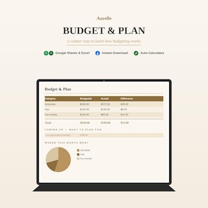 Puede incluir: Una plantilla de hoja de cálculo digital para presupuesto y planificación en una pantalla. La interfaz muestra una tabla con categorías para comestibles, gasolina y gastos personales, incluyendo columnas de presupuesto, real y diferencia, y un gráfico.