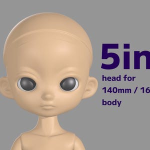 Puede incluir: Una cabeza de muñeca de color beige con ojos grandes y oscuros y una expresión neutra. El texto de la derecha dice "5in. head for 140mm / 165mm body". La cabeza de la muñeca está diseñada para un cuerpo de 12,7 cm.