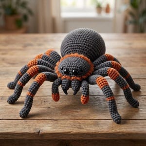 May include: A crocheted spider plush toy featuring a dark gray body and legs with vibrant orange bands. The spider has a round abdomen, a smaller cephalothorax with a fuzzy orange collar, eight long legs, and four black bead eyes on the front.