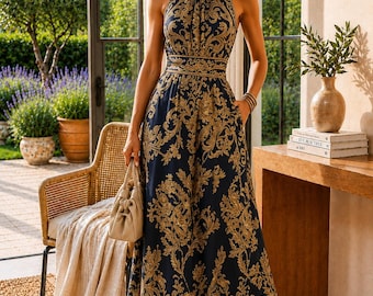 Marineblau-goldenes Maxikleid, ärmelloses Abendkleid mit tiefem V-Ausschnitt, tailliertes Partykleid mit Vintage-Print, A-Linien-Länge, knöchellang
