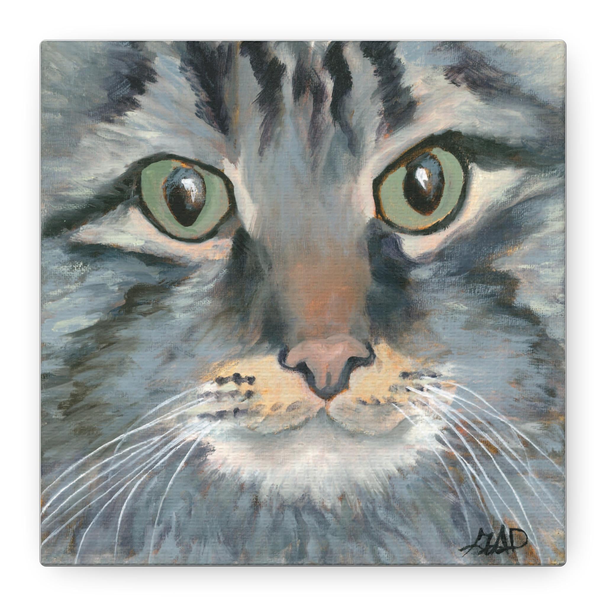 Mischief Maker Tabby Kitten Portrait Print: Muted Blues, Soft Grays (Matte Canvas)