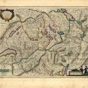 Karte der Schweiz von dem 1500 s Kartographie alte antike Vintage Digital Image Download Transfer Plakat 038
