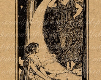 The Maiden Asks The Moon To Help Her Moon Legend Fairy Tale Pillar Greek Digital Image Download Vintage Transfer