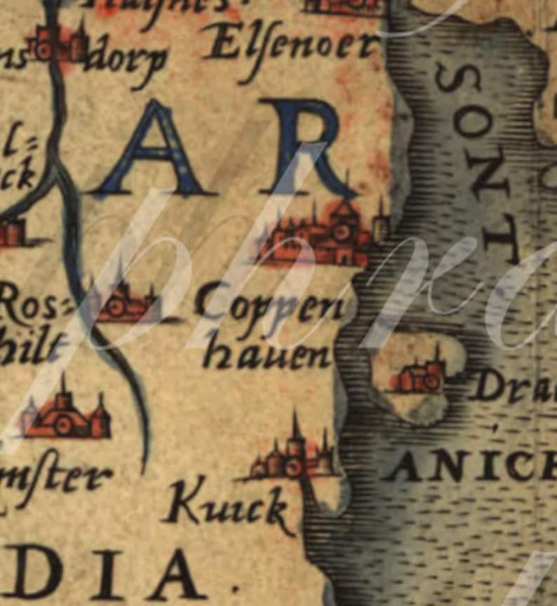 Map of Denmark From the 1500s 093 Ancient Old World Copenhagen Aarhus