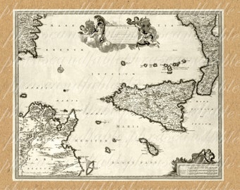 Map Of Sicily Italy From The 1600s 308 Old World Sailing Digital Last Minute Gift Palermo Piazza Armerina Taormina Marsala Enna