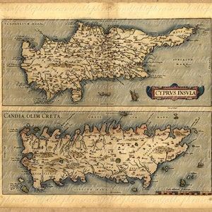 Mappa di Cipro e Creta dal 095 1500s Nicosia antica Knossos Chania Heraclion labirinto Mediterraneo antico Vintage digitale