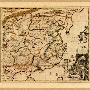 Carte de la Chine Des années 1700 189 Ancient Old World Carte Voile vintage Digital Travel Asia Hong Kong Shanghai Asie Dragon Japon