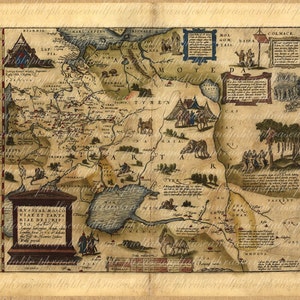 May include: An antique map of Tartaria, a historical region in Central Asia, with handwritten text and illustrations of people, animals, and landscapes. The map is printed on aged paper with a brown and cream color scheme.