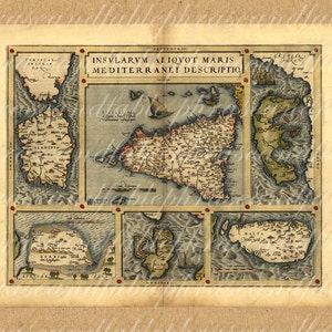Karte von mediterranen Inseln aus der 1500er 104 alte antike Karte Segeln Jahrgang Digital Reisen Sizilien Malta Corfu Elba Djerba