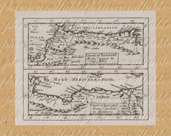 Map Of Coast of Barbary From 1600s 335 Berber Digital Antique Mediterranean Tunisia Morocco Algeria Libya Mauritania Sahara Africa Maghreb