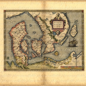 Karte von Dänemark aus dem 1500 s 093 alte antike Copenhagen Aarhus Odense Aalborg Segeln Antik Vintage Digital erkunden