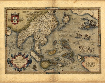 May include: An antique map of the Eastern Indies, with a Portuguese coat of arms in the top left corner. The map is hand-drawn and features intricate details, including islands, rivers, and coastlines. The title "INDIAL ORIENTALIS INSULARVMQVE ADJACENTI VM TY PVS" is displayed in a decorative banner at the bottom.