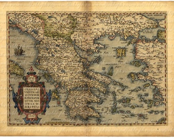 収集品　古地図　17世紀　P.Cluver　ギリシャ図 「Greece」手彩色 収集品 古地図 17世紀 P.Cluver ギリシャ図 「Greece」手彩色