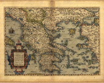 May include: An antique map of Greece, showing the islands and coastline of the Aegean Sea. The map is hand-drawn and features intricate details, including cities, rivers, and mountains. The title of the map is "Graecia Universale Secundum Hodiernum Situm Neo Terica De Scriptio."