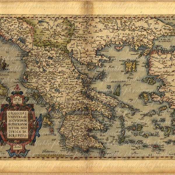 1500 年代のギリシャの地図 古代旧世界地図作成 航海の探検 ヴィンテージ デジタル画像 ダウンロード 021