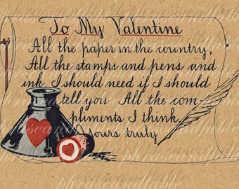 To My Valentine Love Note Romance I Love You Feelings Heart Adore Vintage Transfer Clip Art Instant Art 024