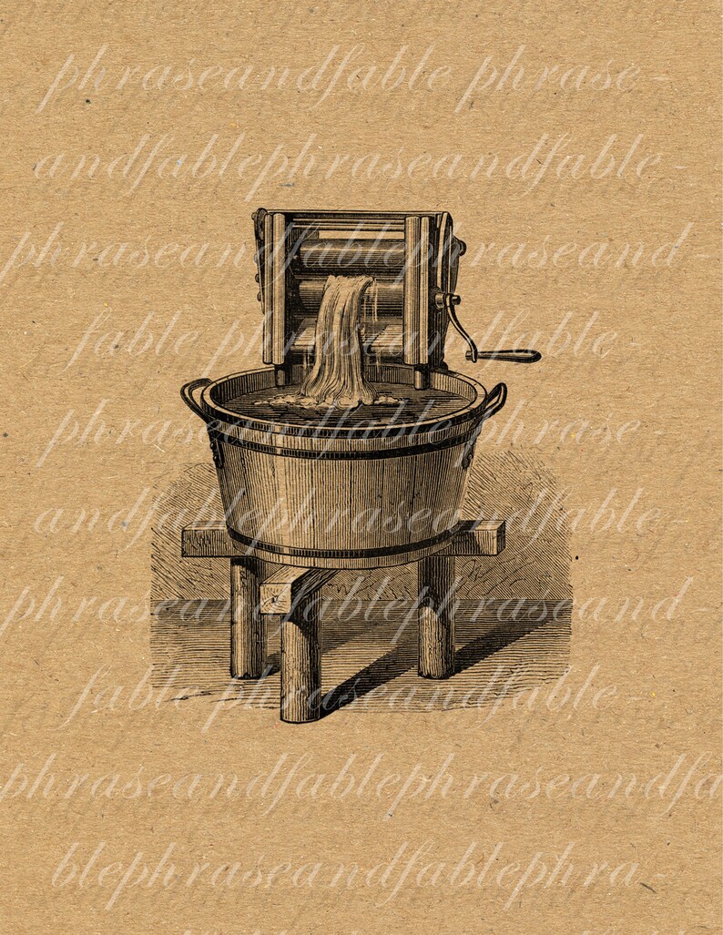 Laundry 224 Housekeeping Clean Water Apparatus Machine Bucket Wash Clothes Soap Suds Toil Home House Clip Art Download Vintage Digital image 1