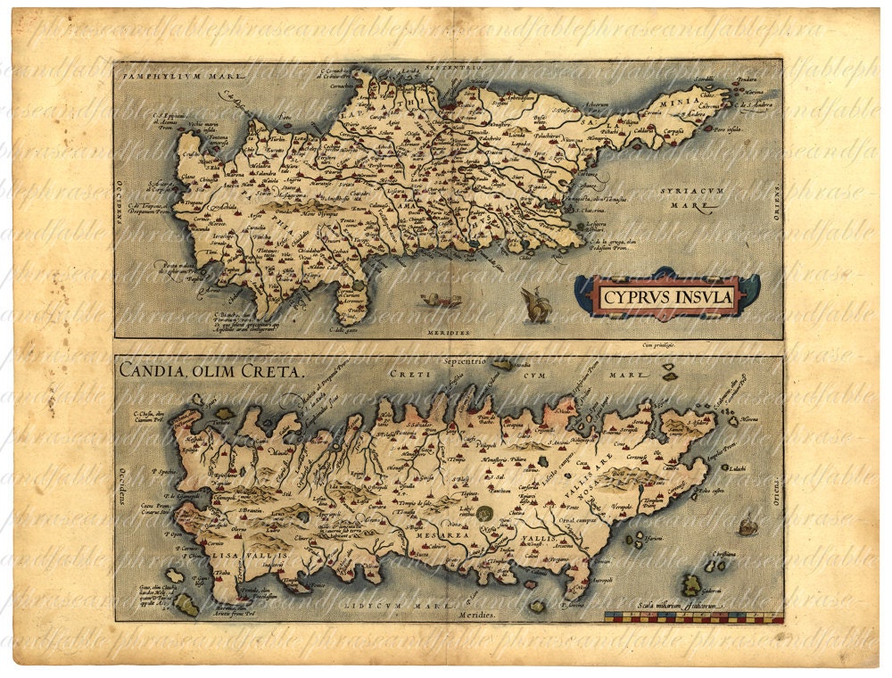 アンティーク　1800年代中央アメリカの地図 1500年代のキプロスとクレタ島の地図 095 古代ニコシア クノッソス