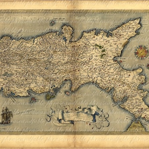 May include: An antique map of the British Isles, with detailed borders and rivers, and a compass rose in the upper right corner. The map is printed on aged paper with a light blue background.