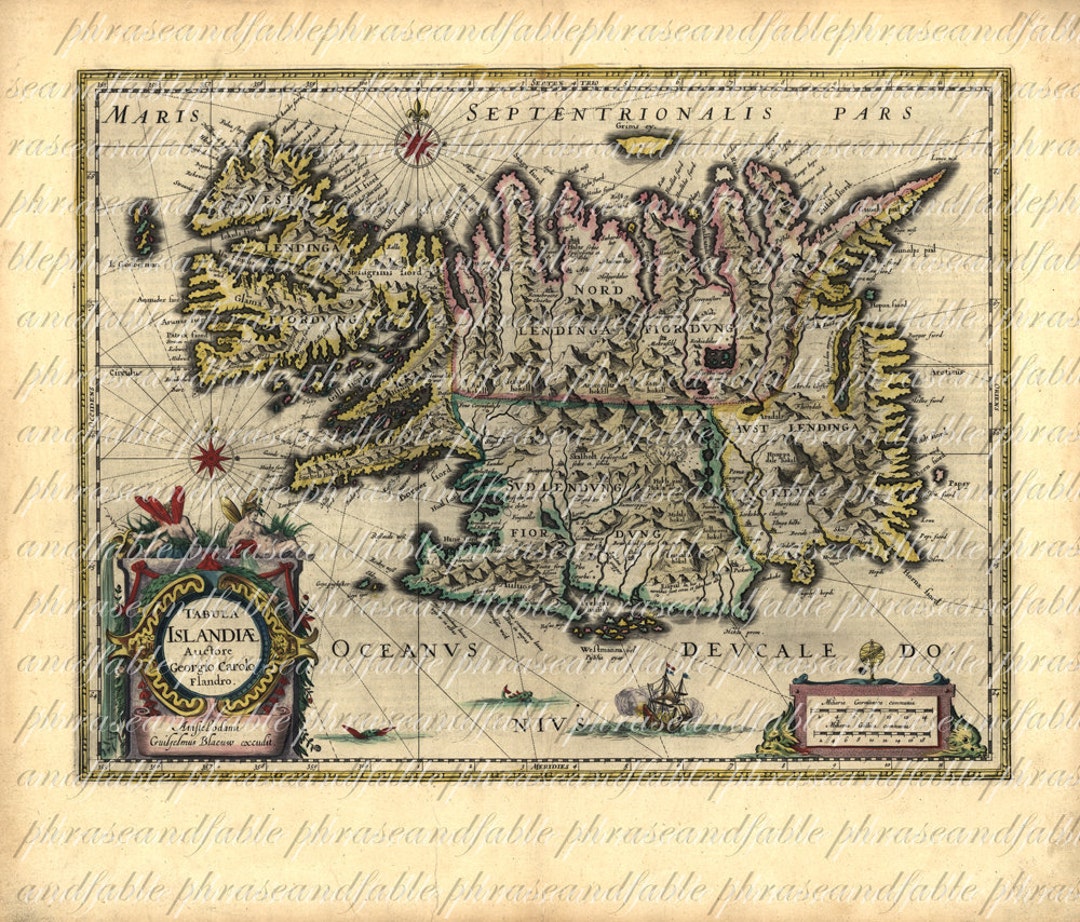 Map of Iceland From 1600s Ancient Old World Cartography Exploring