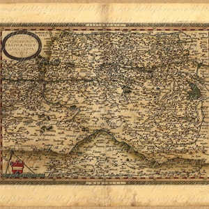 May include: An antique map of the Austro-Hungarian Empire, showing the various regions and cities within the empire. The map is printed in black and white on cream-coloured paper. The map is surrounded by a decorative border.
