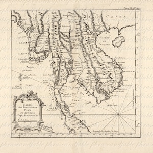 Puede incluir: Un mapa antiguo de Siam, también conocido como Tailandia, y las áreas circundantes. El mapa está impreso en blanco y negro y presenta características geográficas detalladas, incluidos ríos, montañas y costas. El título del mapa es "Carte des Royaumes de Siam et de Tunquin, Pays Ava, Ava-Remnade."