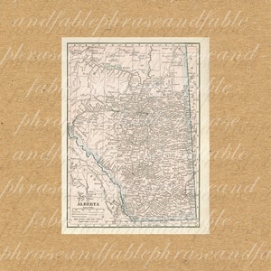 May include: A vintage map of Alberta, Canada, with a detailed outline of the province's geography, including rivers, lakes, and towns. The map is printed in black and white on a cream-colored background. The title "ALBERTA" is printed in bold at the bottom of the map.