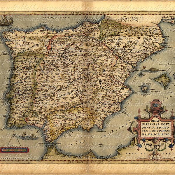 Map Of Spain From The 1500s 042 Madrid Old World Cartography Adventure Travel Vintage Ancient Digital Image Download Transfer Clip Art